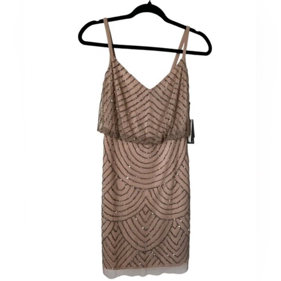 Adrianna Papell Women's Blouson Beaded Cocktail Dress - Taupe/Pink. Size: 0 (US) - Picture 1 of 16